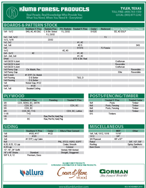 Klumb Lumber Line Card